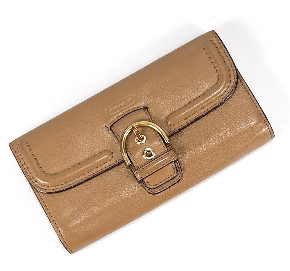 ECU Coach Campbell Leather Wallet Slim Tan Gold Buckle Trifold Clutch 7.75x4